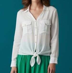 VTG Ivy Ridge White Button Down Semi-Sheer Tie Waist Gauze Blouson Blouse